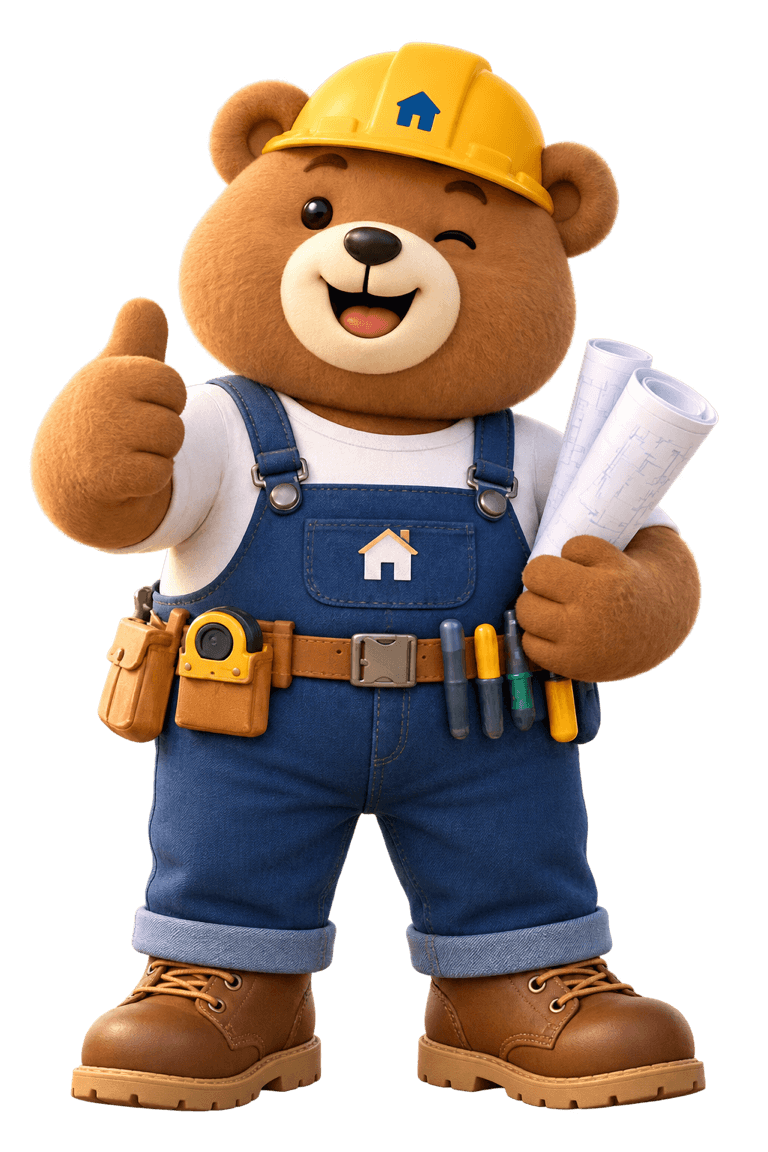 มาสคอตหมีช่างสวมหมวกนิรภัย ยืนหน้าบ้านพร้อมถือแบบบ้านและยกนิ้วให้